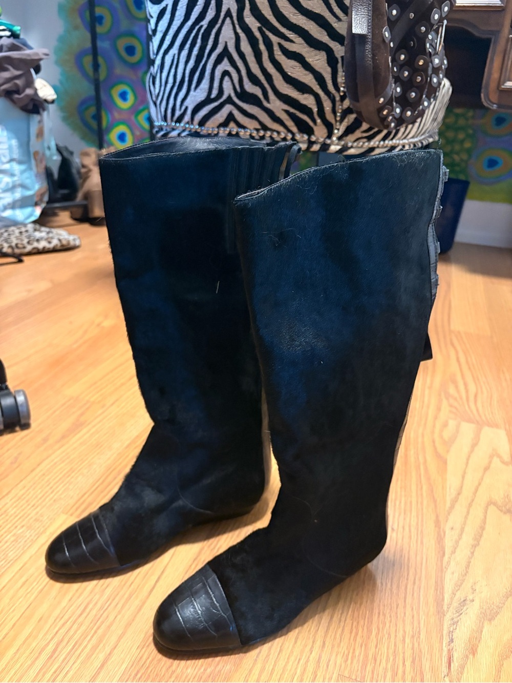 Black Genuine Pony Hair Knee-High Boots with Leather Cap Toe